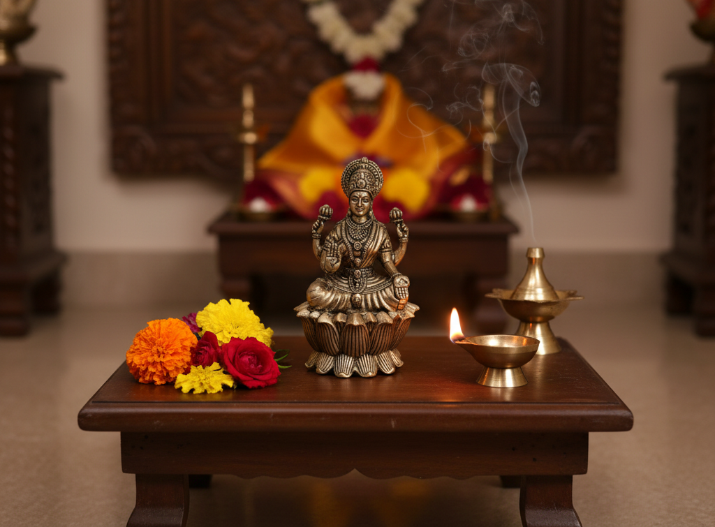 Brass Goddess Lakshmi Idol Seated on Lotus