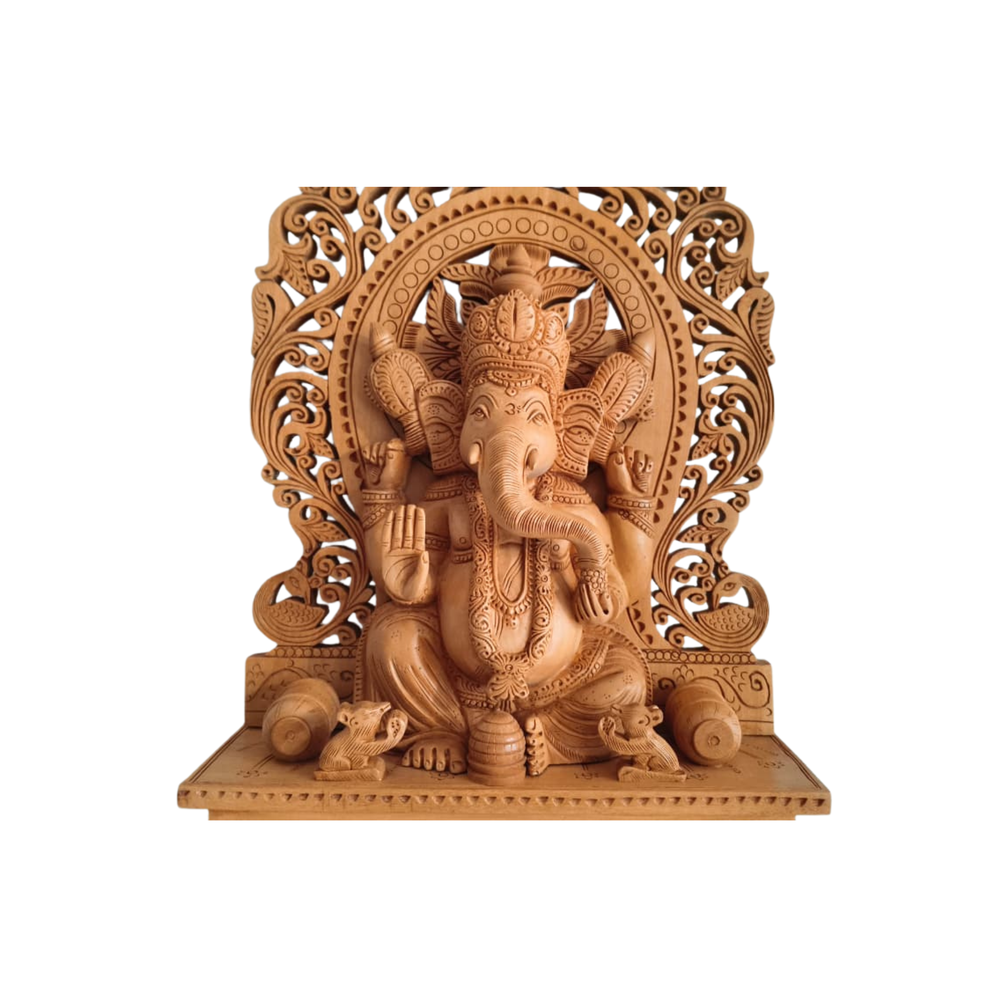 Grand Hand-Carved Wooden Ganesha Sculpture on Pedestal with Prabhavali and Mushaks