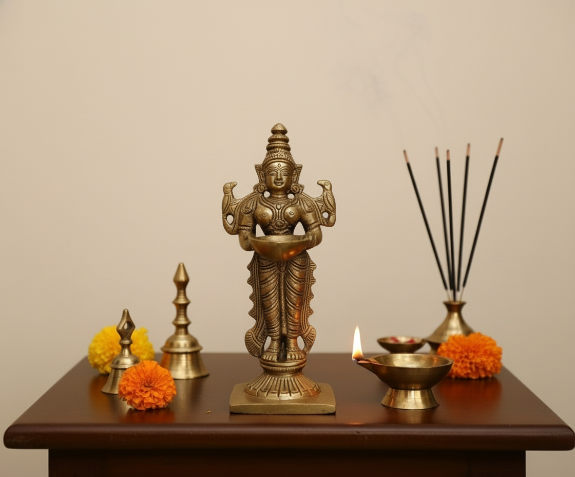 Graceful Brass Lady with Diya – Symbol of Devotion and Radiant Light from Aligarh