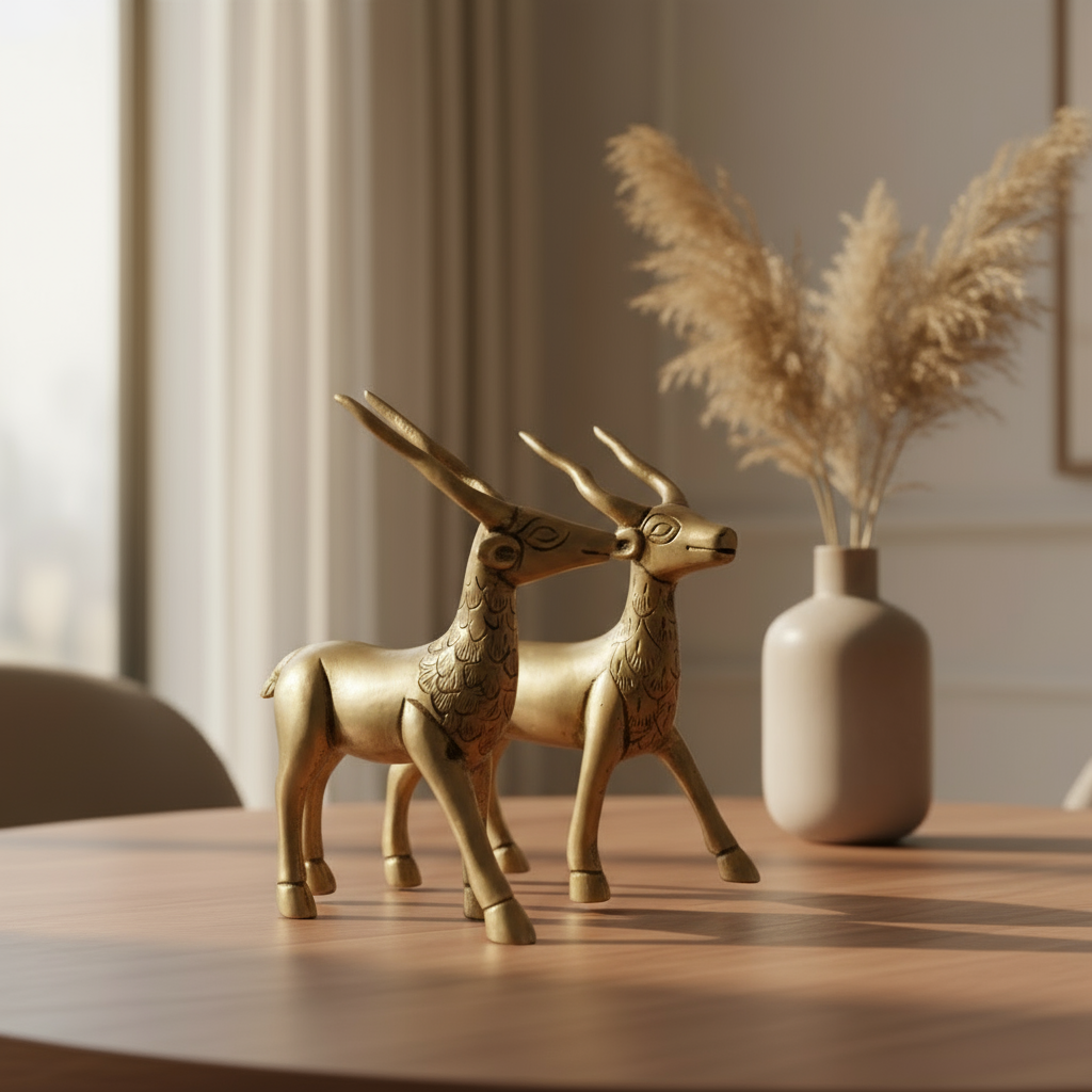 Handcrafted Brass Deer Pair Statues | Elegant Antelope Figurines for Home Decor