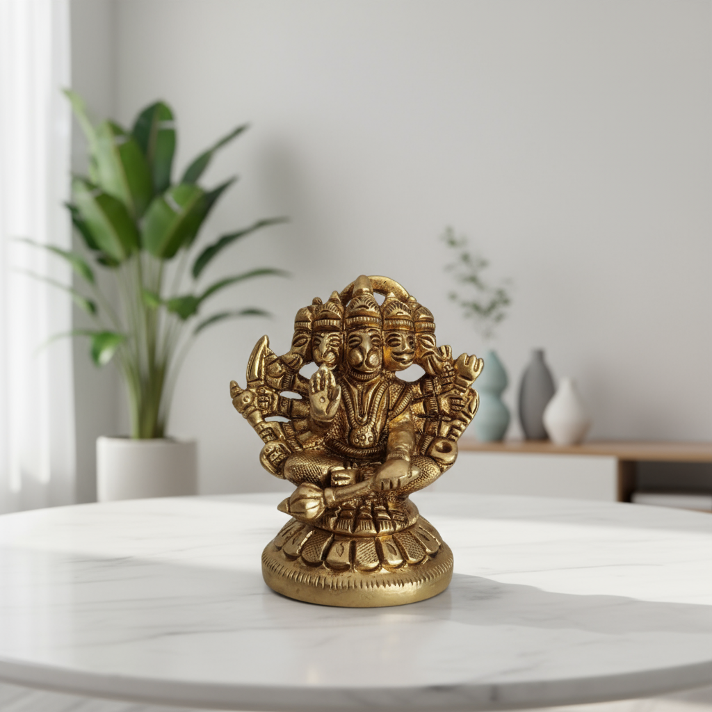 Brass Panchmukhi Hanuman Idol – Five-Faced Protector for Strength and Victory
