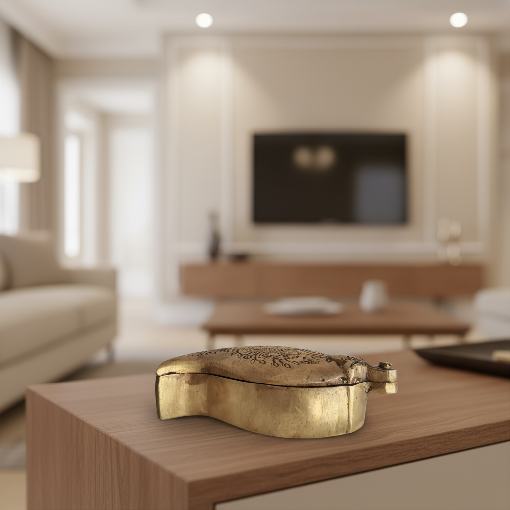 Top-down view of a small, ornate brass box in a mango or paisley shape, featuring detailed floral engravings and a small clasp/handle at one end, on a white surface.