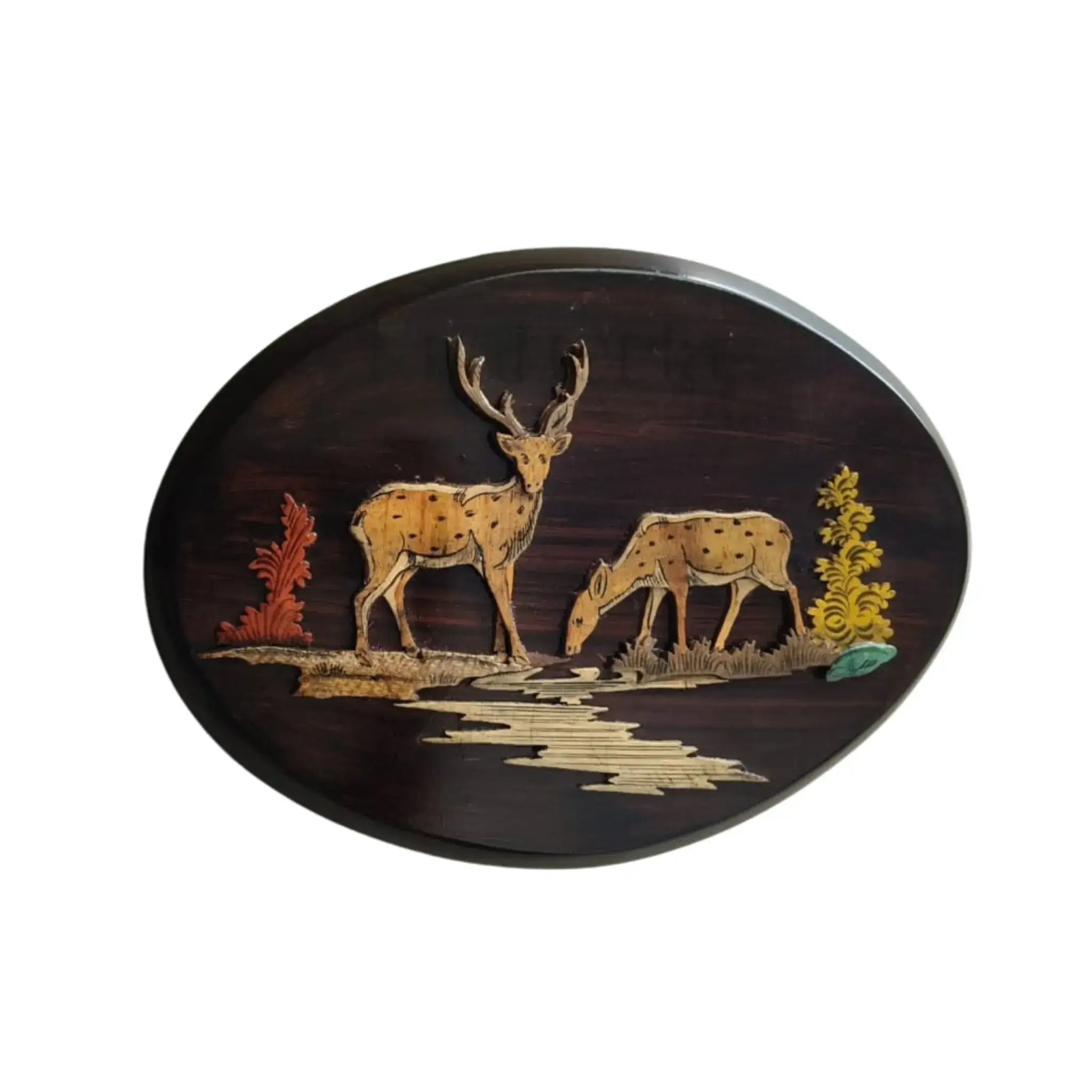 Tranquil Deer Silhouette – Handcrafted Oval Rosewood Inlay Artwork   Inlay Art