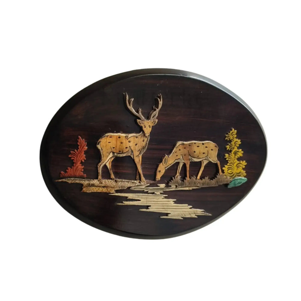 Tranquil Deer Silhouette – Handcrafted Oval Rosewood Inlay Artwork   Inlay Art