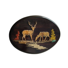 Tranquil Deer Silhouette – Handcrafted Oval Rosewood Inlay Artwork   Inlay Art