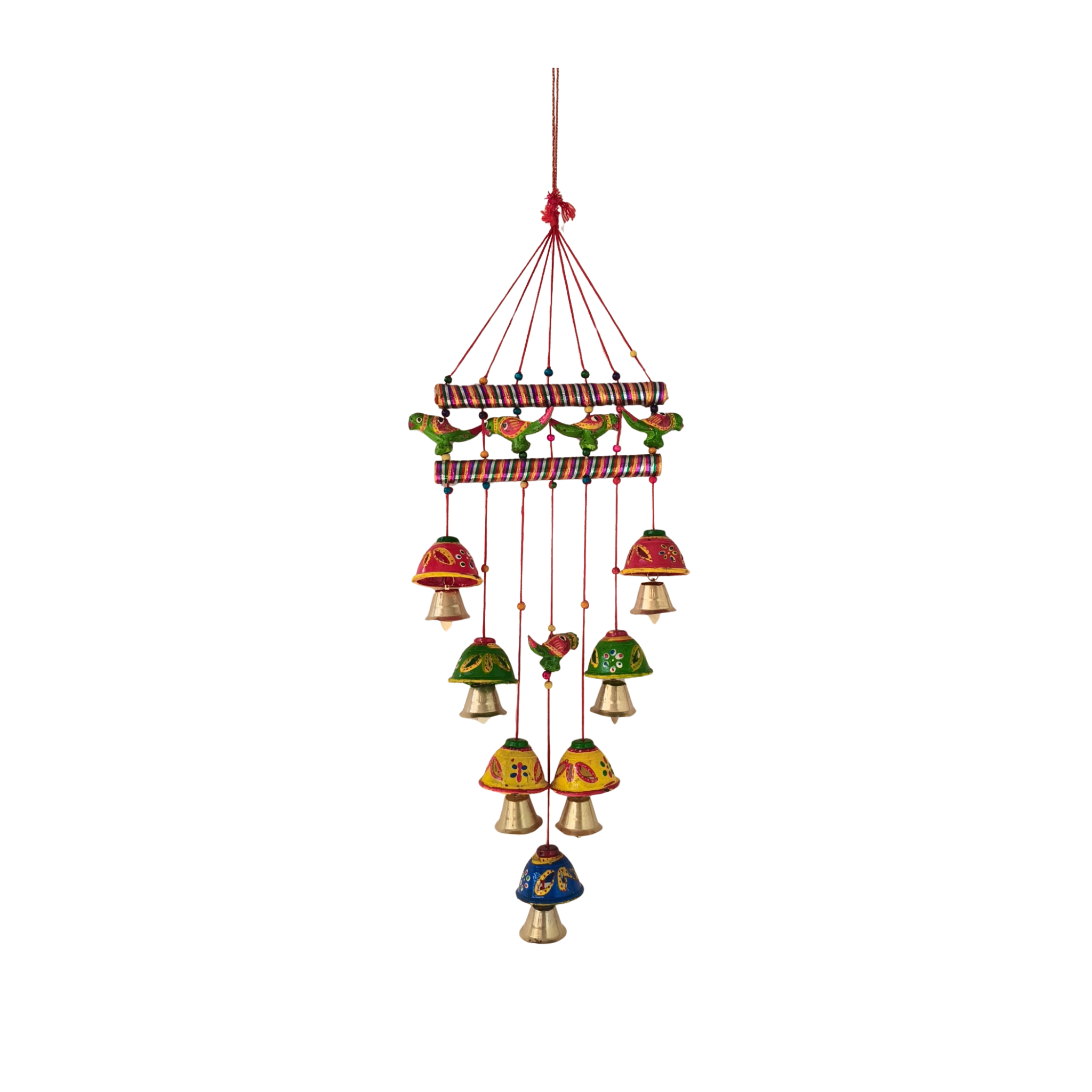 Hand-Painted Indian Parrot and Bell Wind Chime Wall Hanging