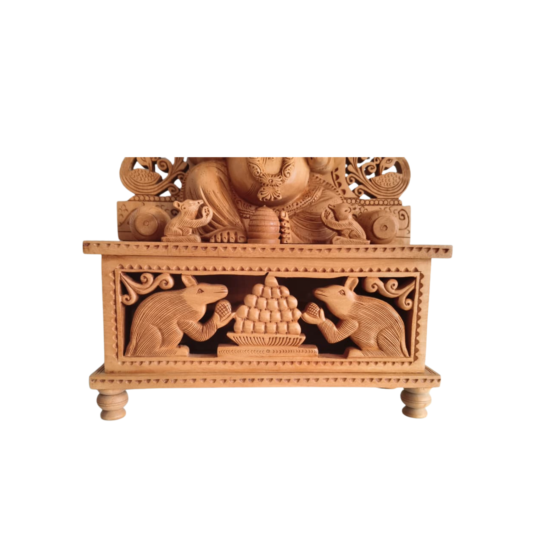 Grand Hand-Carved Wooden Ganesha Sculpture on Pedestal with Prabhavali and Mushaks
