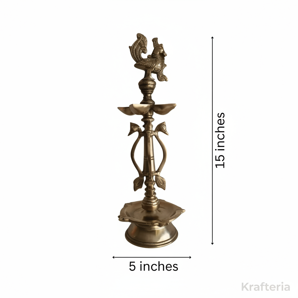 Brass Annapakshi Peacock Pedestal Diya – 5 Wick Lamp   Brass Artwork