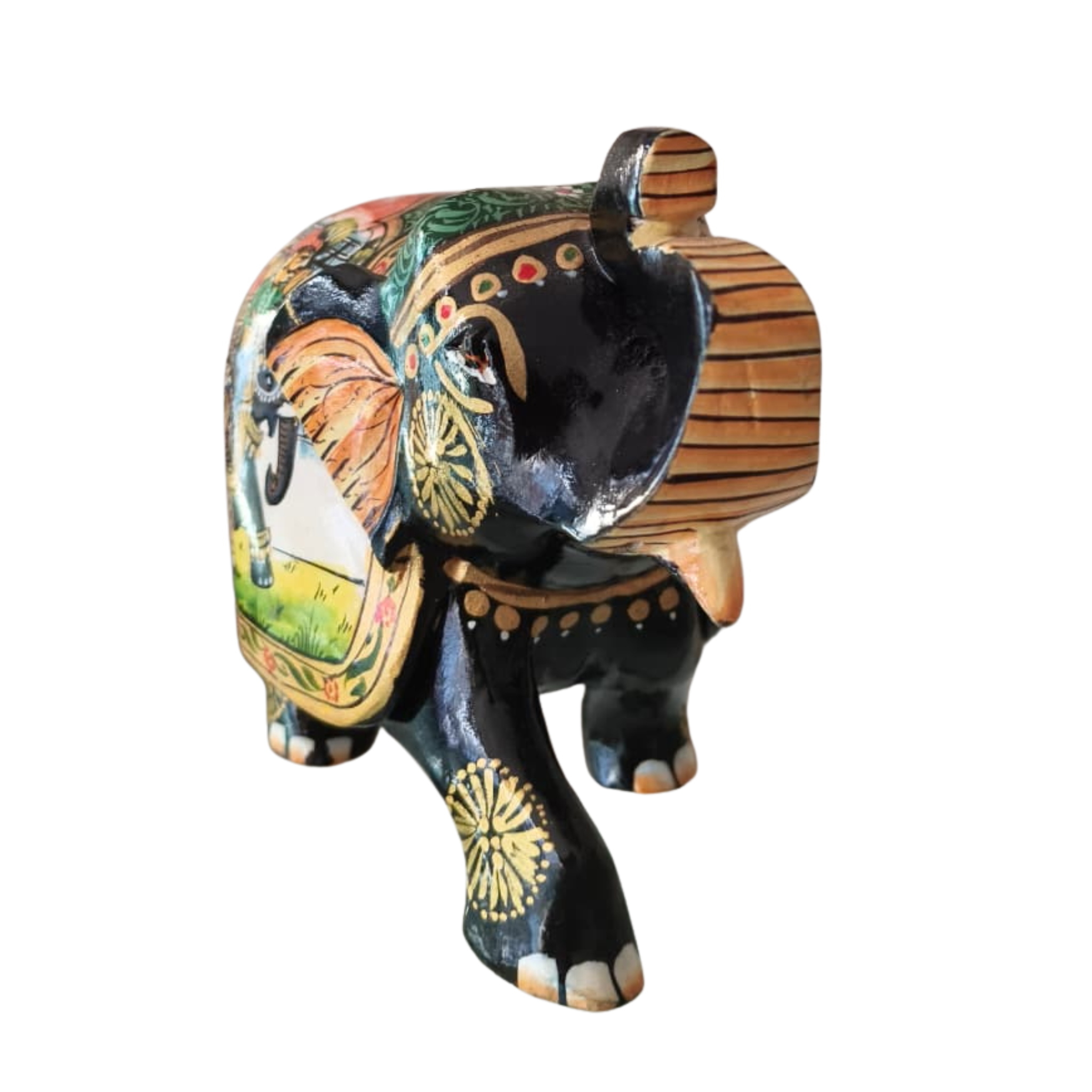 Black Painted Wooden Mughal Elephants – Elegant Decorative Figurines