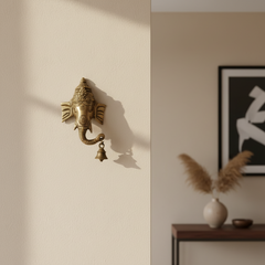 Auspicious Brass Ganesha Head Wall Hanging with Bell - Remover of Obstacles