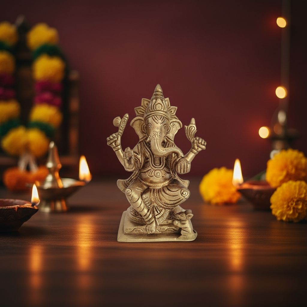 Divine Brass Lord Ganesha Idol – Symbol of Wisdom, Prosperity, and Auspicious Beginnings
