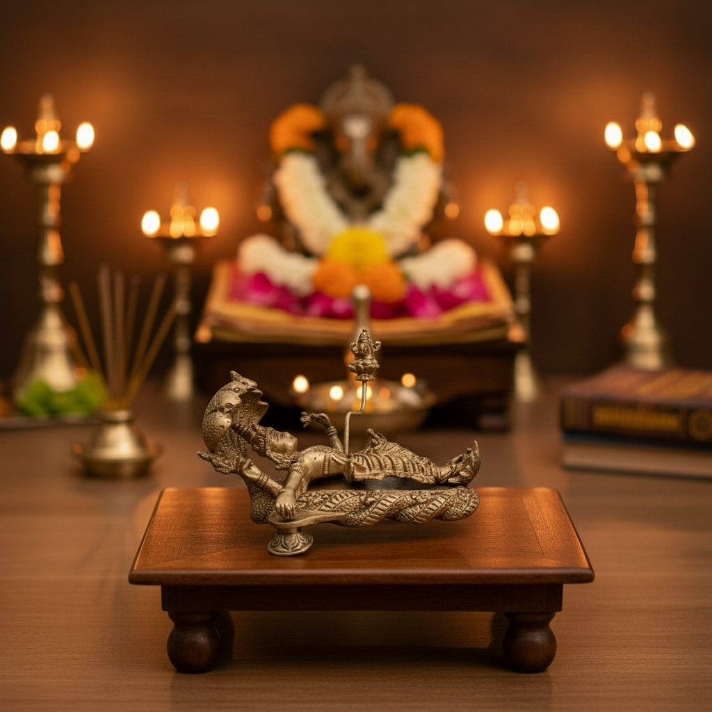 Divine Trinity Brass Idol – Vishnu, Maheshwara, and Brahma in Ananta Shayana Form