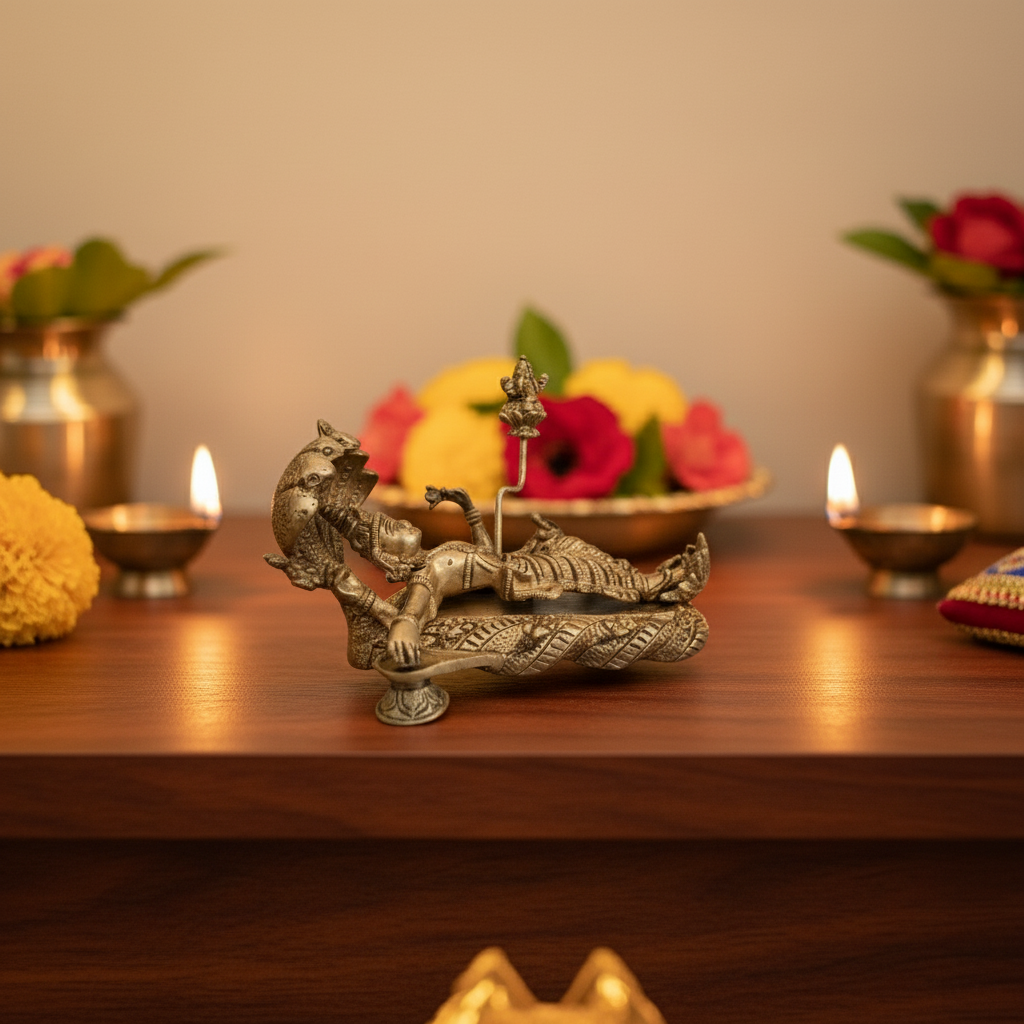 Divine Trinity Brass Idol – Vishnu, Maheshwara, and Brahma in Ananta Shayana Form