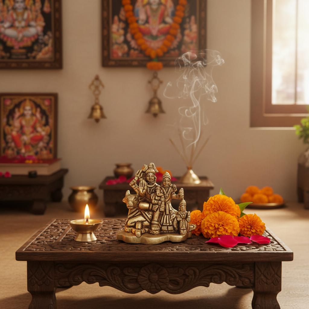 Brass Shiva Parivar Idol on Nandi – Divine Family for Harmony and Protection