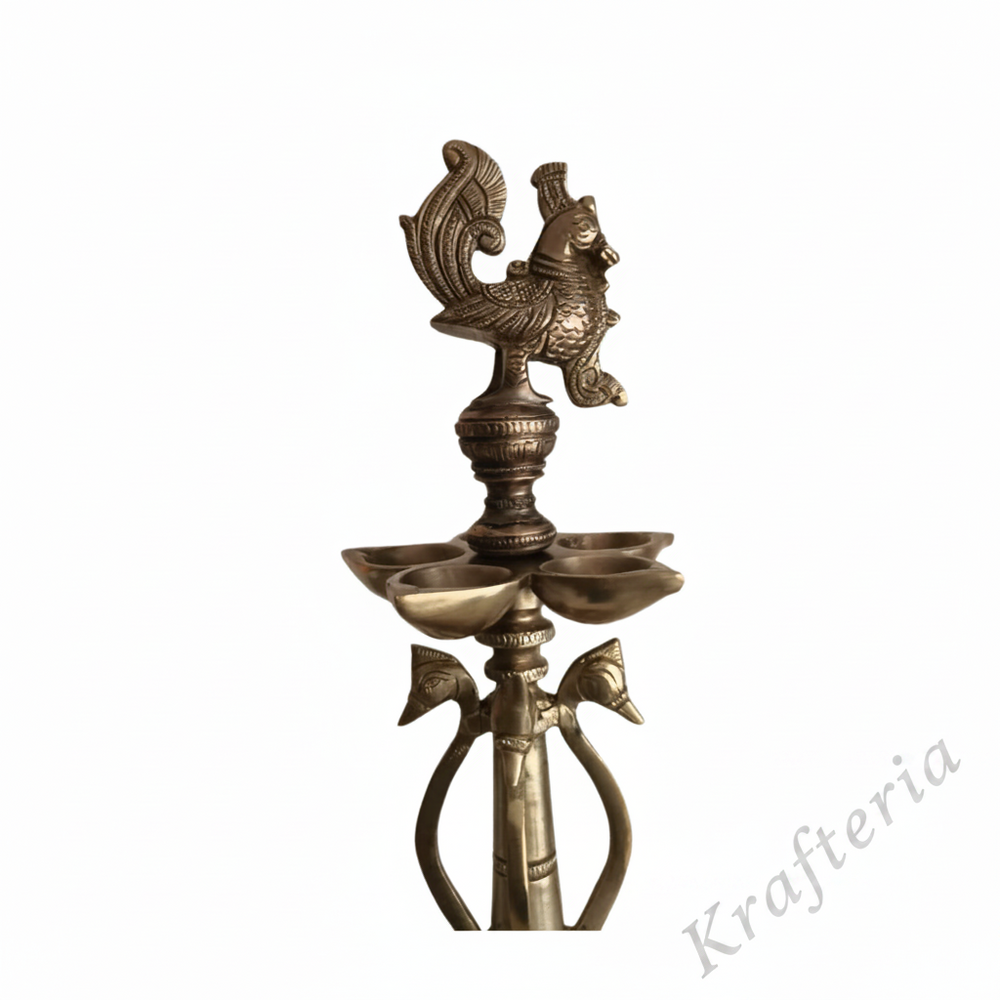 Brass Annapakshi Peacock Pedestal Diya – 5 Wick Lamp   Brass Artwork