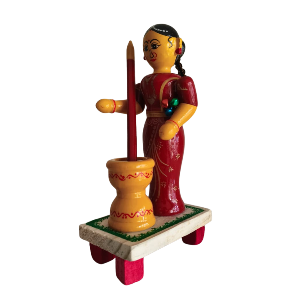 The Village Pounding Woman Etikoppaka Wooden Craft   Etikoppaka Lacquerware