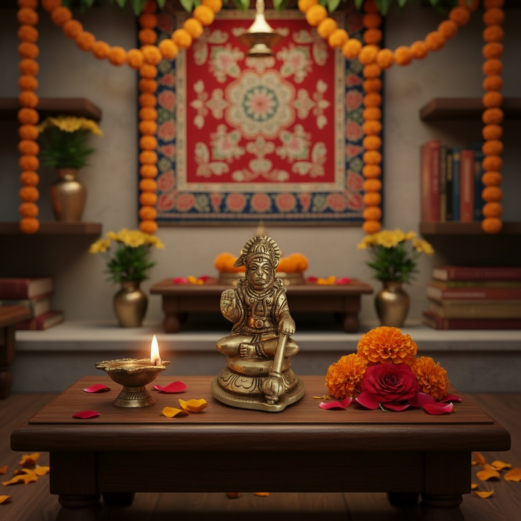 Brass Seated Lord Hanuman Idol – Gada-Bearer in Abhaya Mudra for Protection and Courage