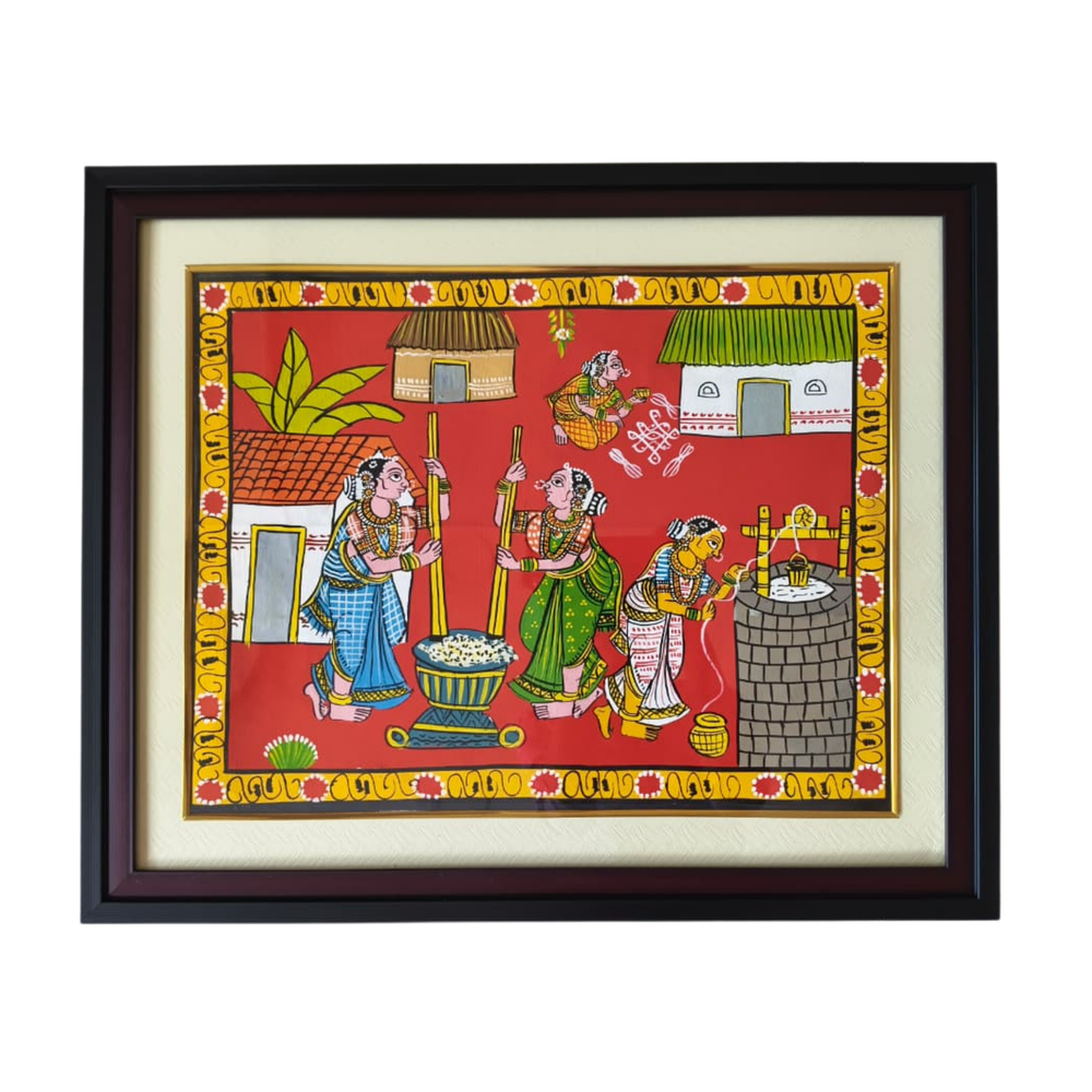 Hand-Painted Village Women & Daily Life Cheriyal Painting   Cheriyala Painting