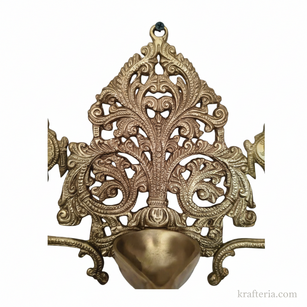 Brass Shankh Chakra Wall Hanging Diya | Traditional Indian Oil Lamp with Filigree Backplate   Brass Artwork