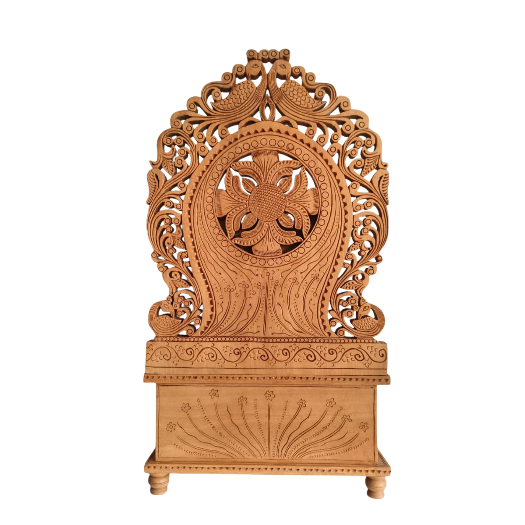 Grand Hand-Carved Wooden Ganesha Sculpture on Pedestal with Prabhavali and Mushaks