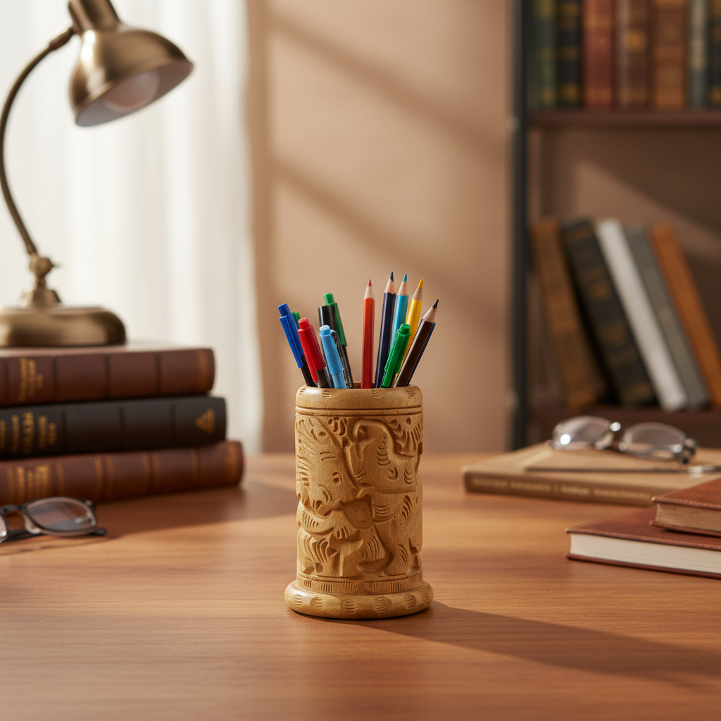Hand-Carved Wooden Pen Stand – Elegant Desk Organizer
