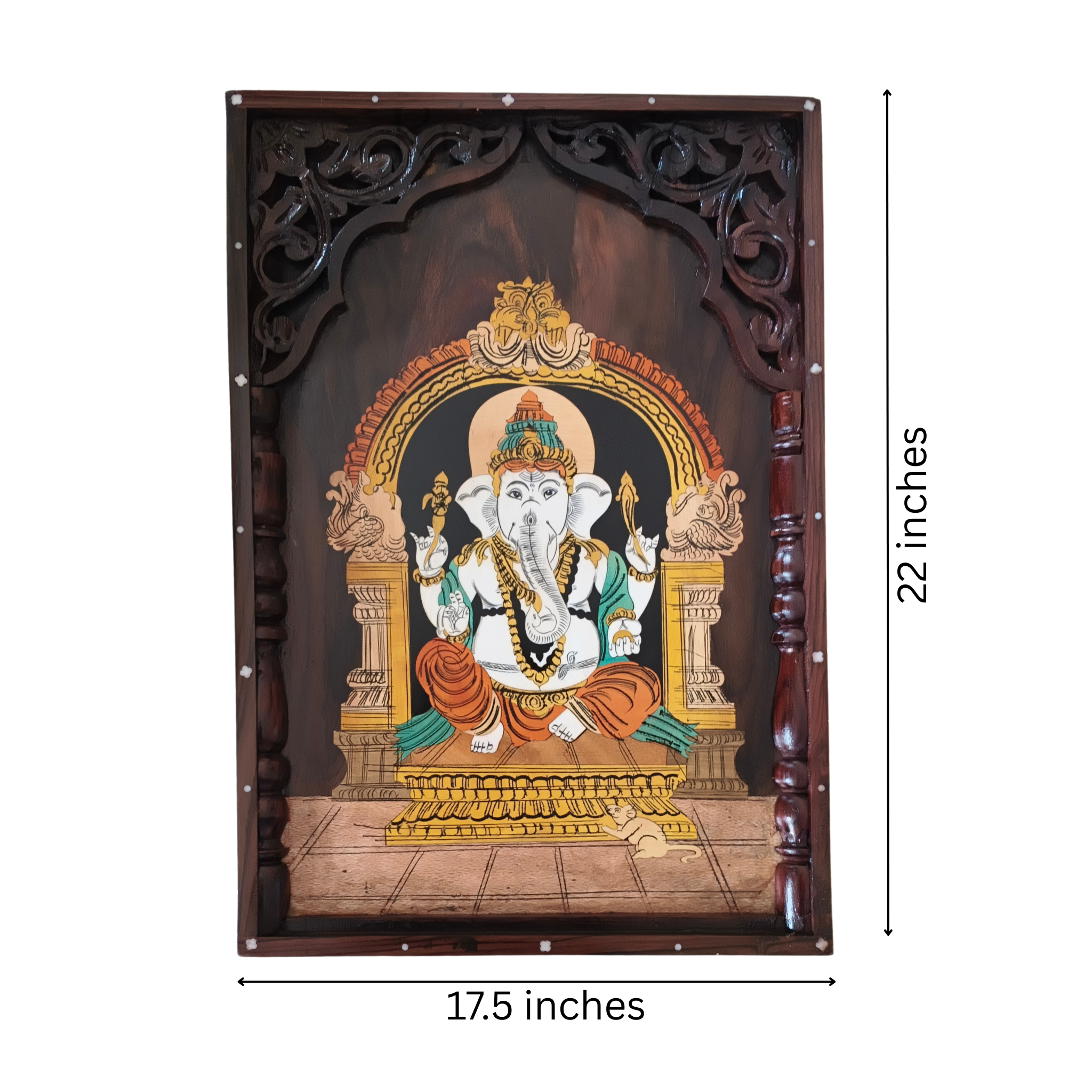 Handcrafted Rosewood Inlay Art – Lord Ganesha in Temple Frame