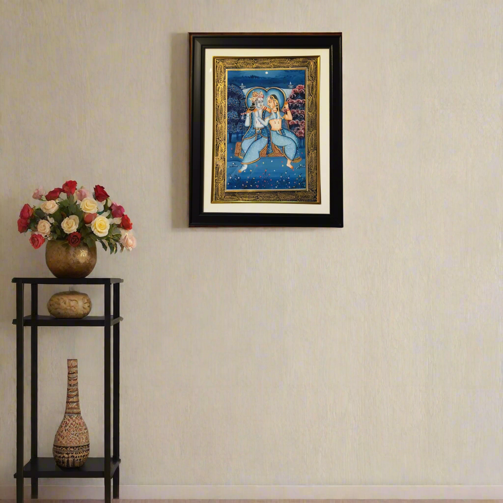 Divine Union of Radha and Krishna – A Rajasthani Miniature