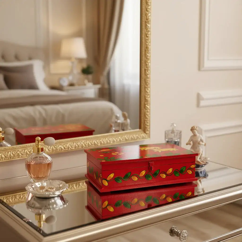 Sacred Cows and Lotus Flowers - Traditional Indian Pichwai Art Wooden Box   Wood Decorative