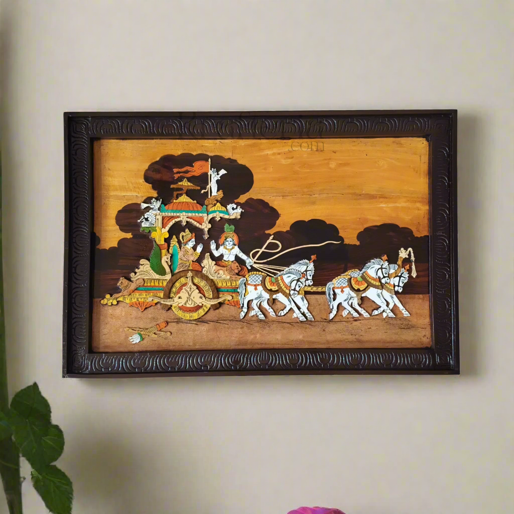 Traditional Wooden Inlay Artwork – Kurukshetra Chariot Scene