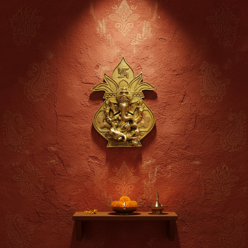 Brass Ganesha in Kalash Wall Hanging with Swastika   Brass Artwork