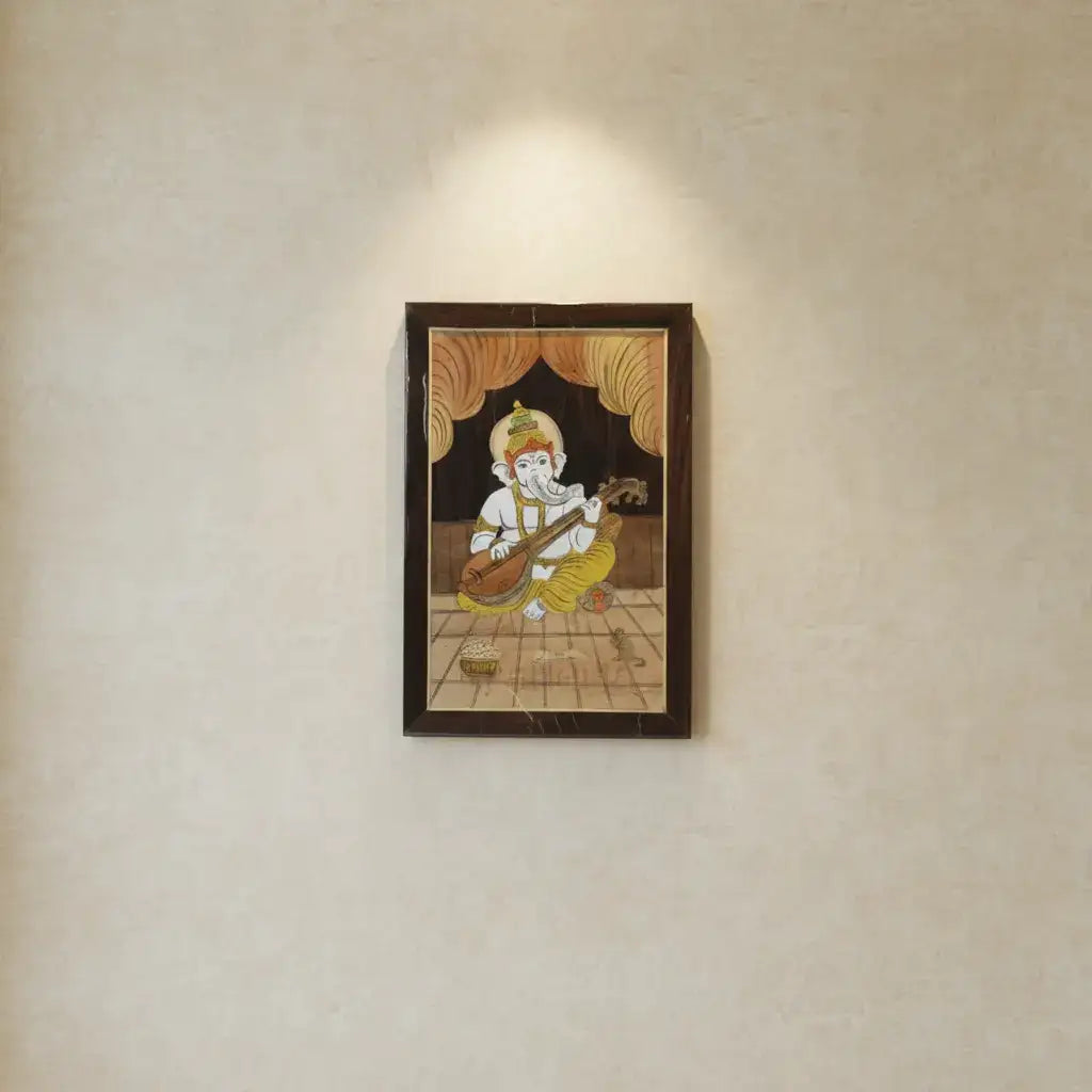 Ganesh in Temple Scene – Wooden Inlay Spiritual Artwork for Home & Office Arun