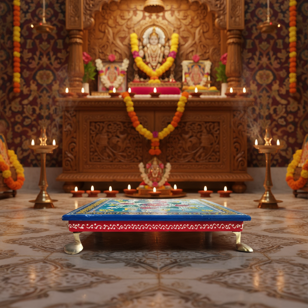 Hand-Painted Wooden Pooja Stool (Chowki) with Traditional Design
