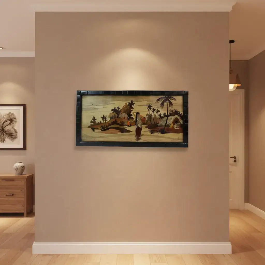 Traditional Indian Village Scene Wood Inlay Mysore   Inlay Art