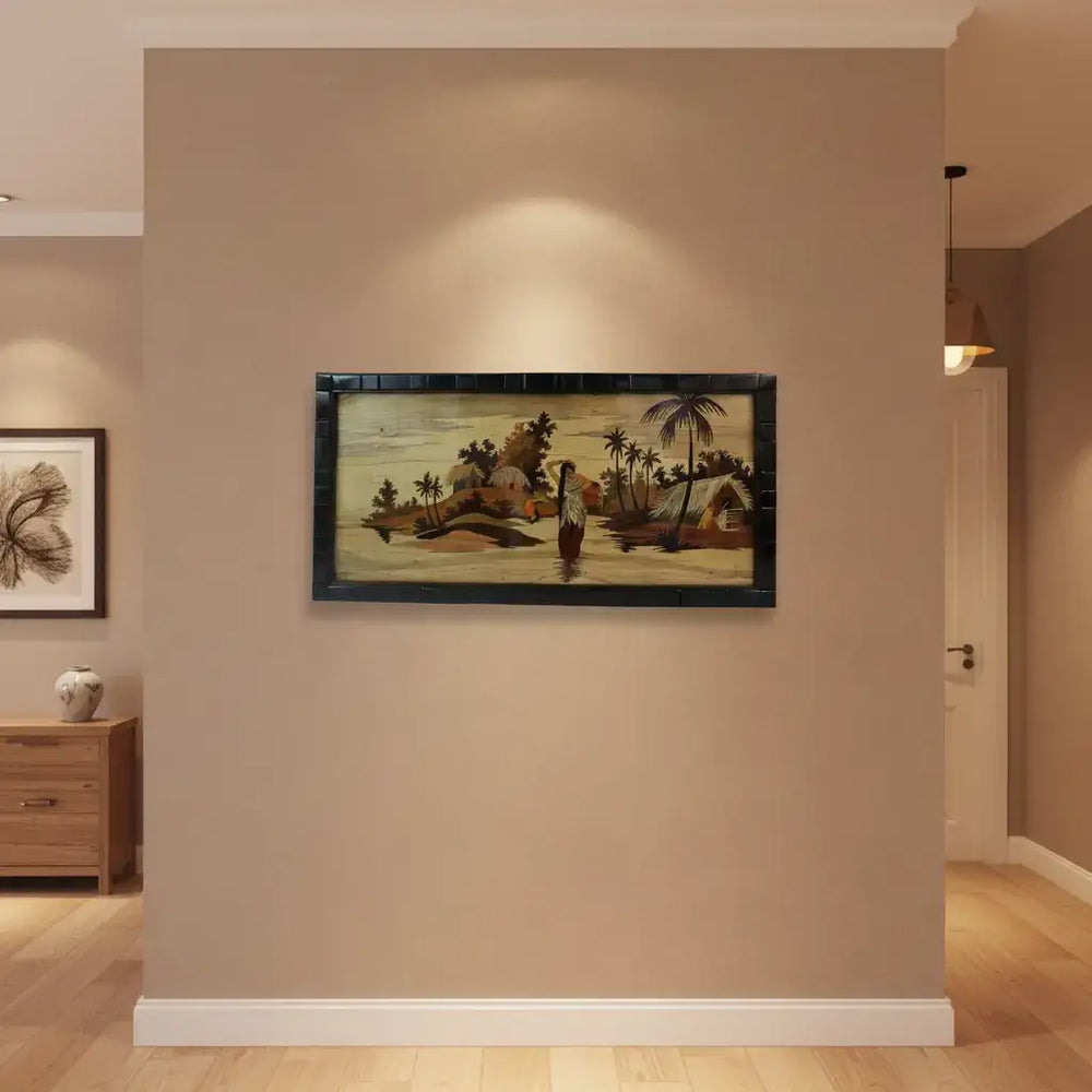 Traditional Indian Village Scene Wood Inlay Mysore   Inlay Art