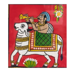 Musician on White Bull (Basava) - Traditional Cheriyal Folk Painting   Cheriyala Painting