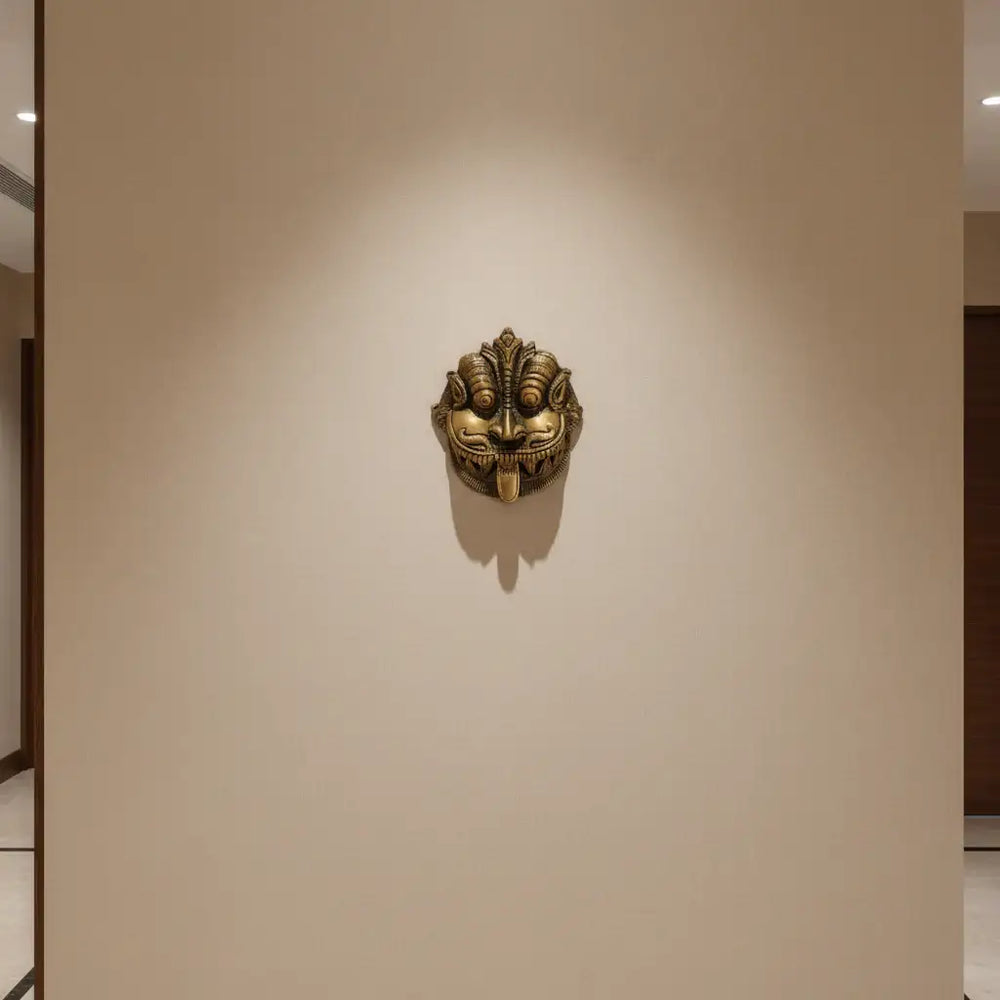Fierce Brass Kirtimukha Wall Mask - Guardian Protector Face   Brass Ware