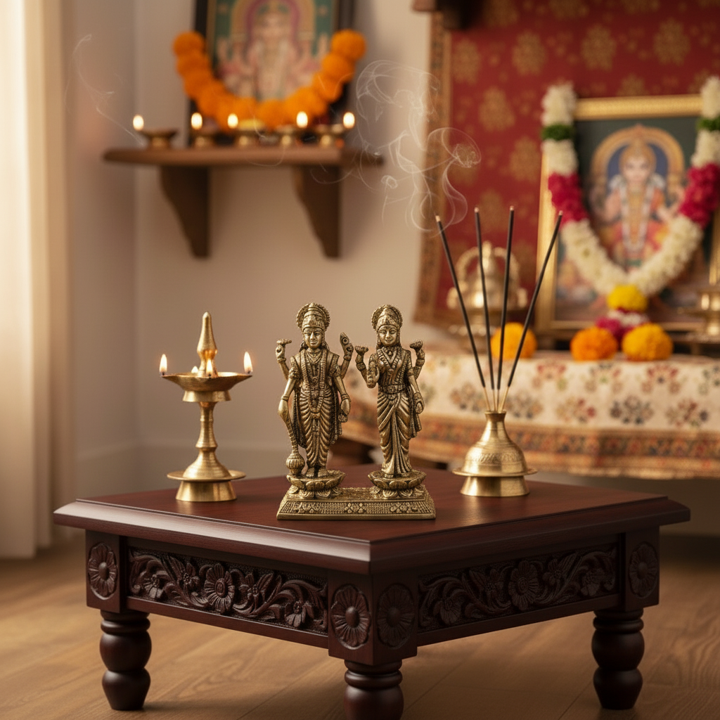 Brass Vishnu and Lakshmi Standing Idol on Lotus Base – Divine Couple for Prosperity