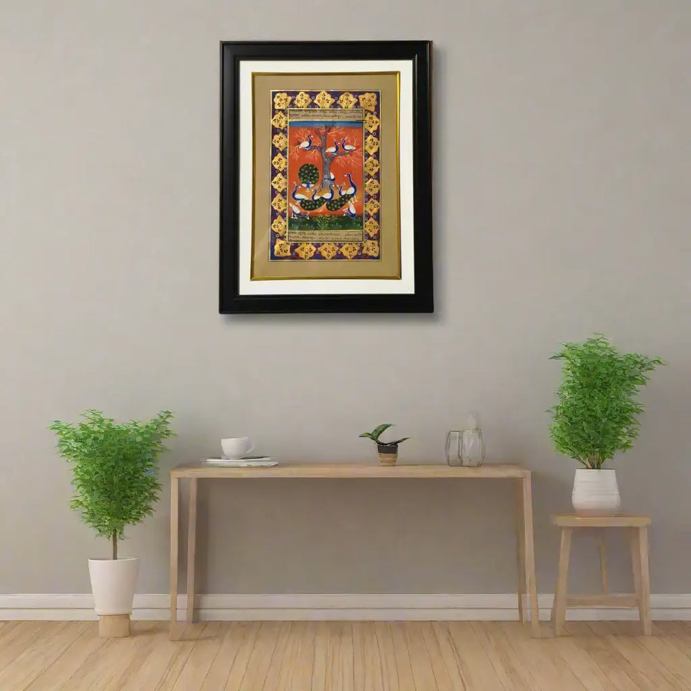 The Celestial Dance of Peacocks – A Rajasthani Miniature Painting   Paintings