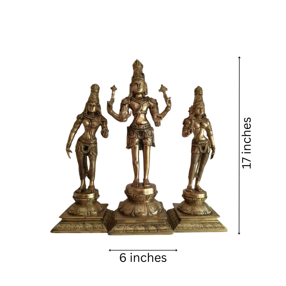 Brass Vishnu Lakshmi Bhudevi Statue Set – Antique Finish Hindu Deity Trio Idol   Brass Ware