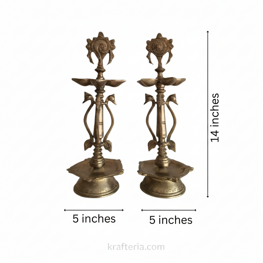 Grand Brass Shankh Chakra Pedestal Lamps | Pair of Traditional Tall Vishnu Symbol Diyas   Brass Artwork