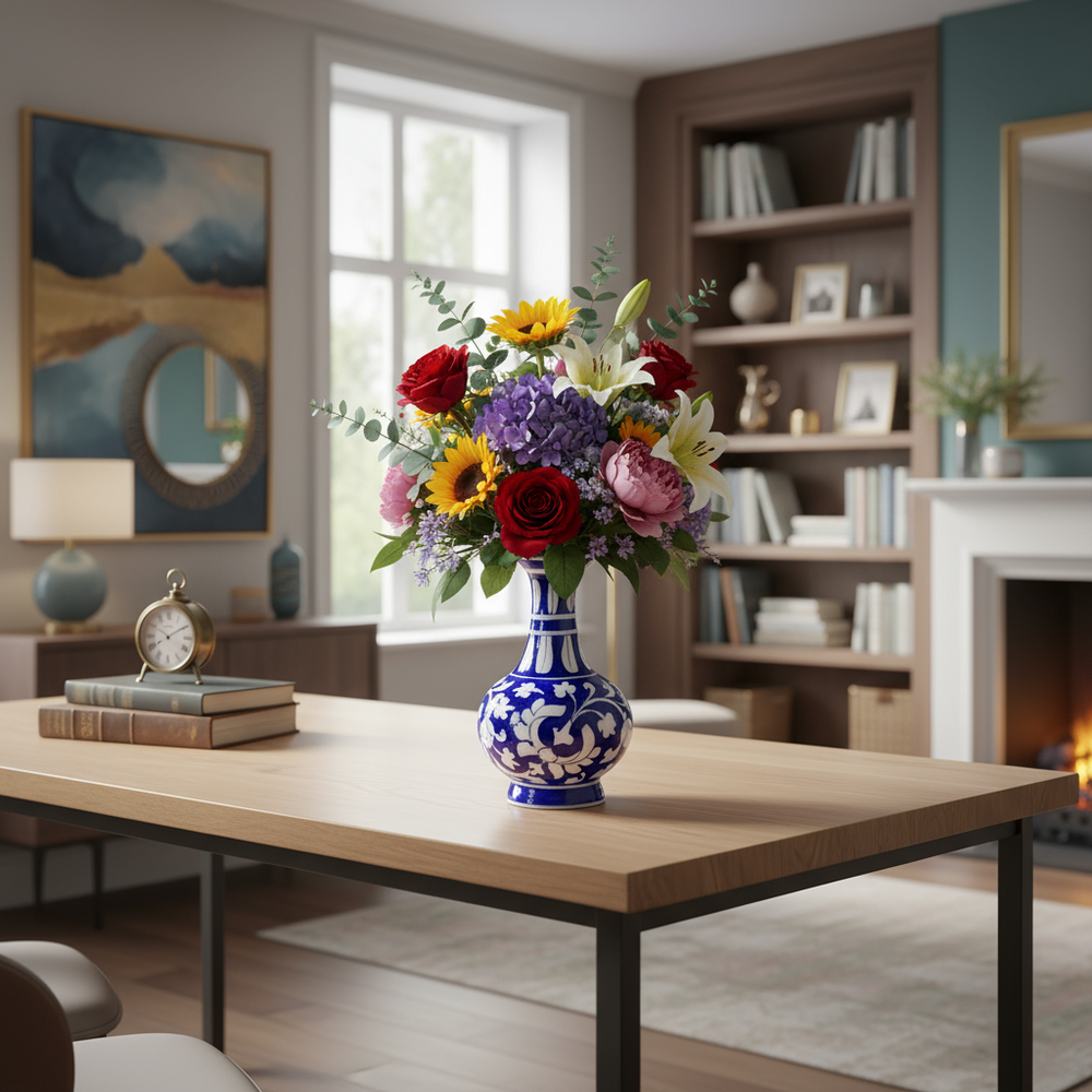 A classic blue pottery vase with a bulbous body and narrow neck, featuring intricate hand-painted white floral and vine patterns on a deep blue background, isolated on a white background.