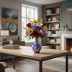 A classic blue pottery vase with a bulbous body and narrow neck, featuring intricate hand-painted white floral and vine patterns on a deep blue background, isolated on a white background.
