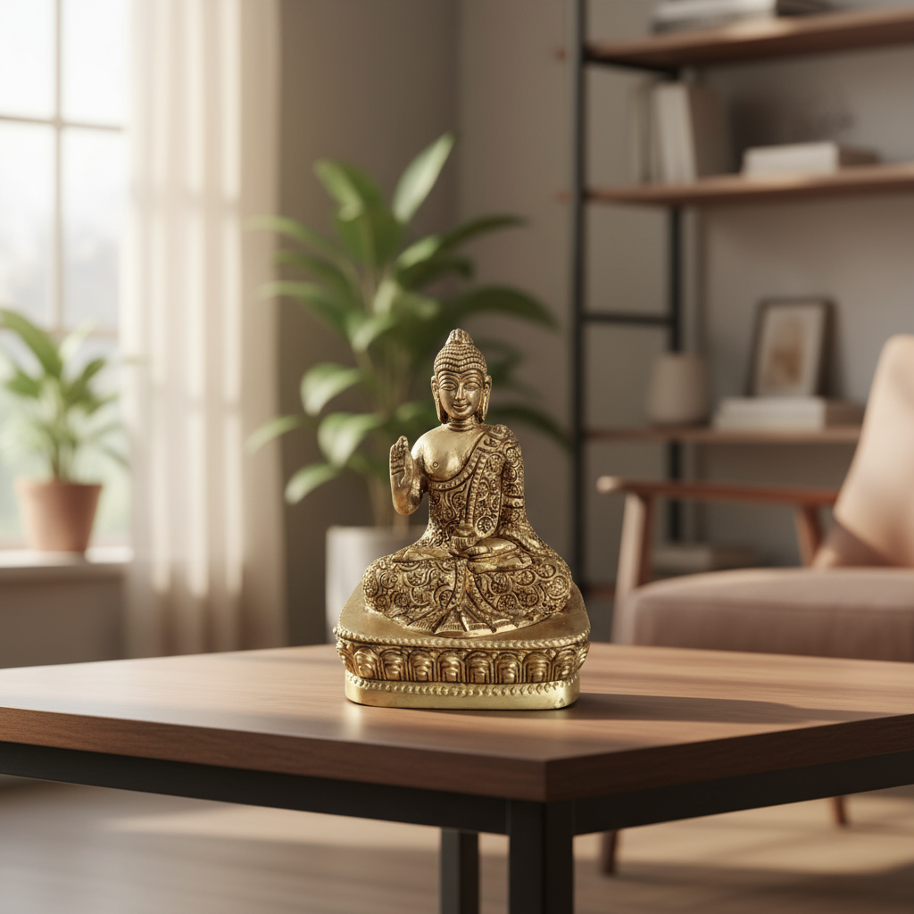 Brass Meditating Buddha Idol in Abhaya Mudra – Symbol of Peace