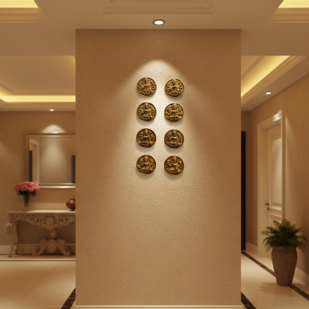 Ashta Lakshmi Brass Set - 8 Piece Handcrafted Goddess Lakshmi Wall Art   Brass Artwork