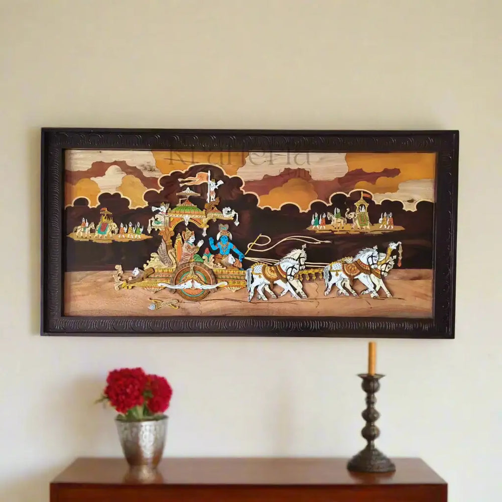 Sacred Wooden Inlay – Mahabharata Kurukshetra Chariot Scene   Inlay Art