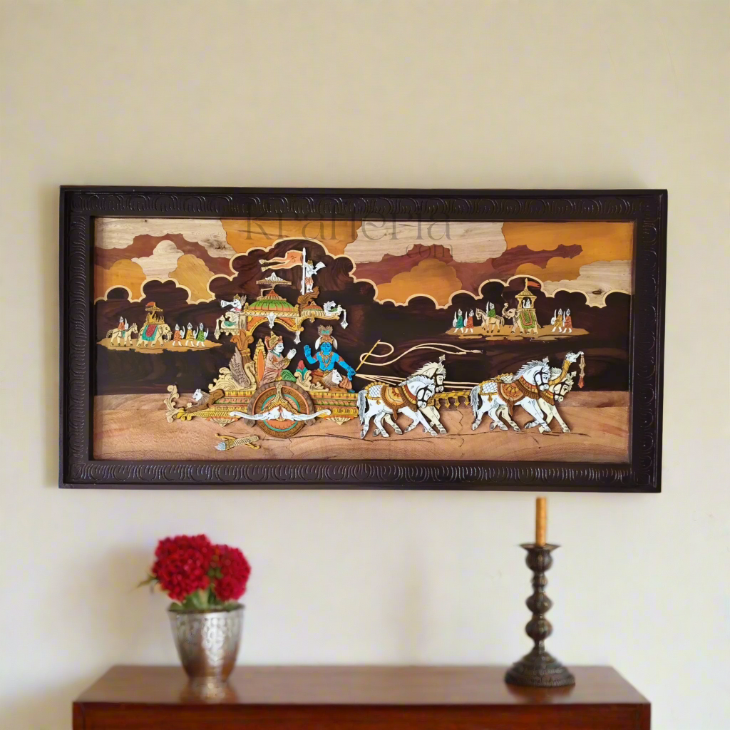 Sacred Wooden Inlay – Mahabharata Kurukshetra Chariot Scene