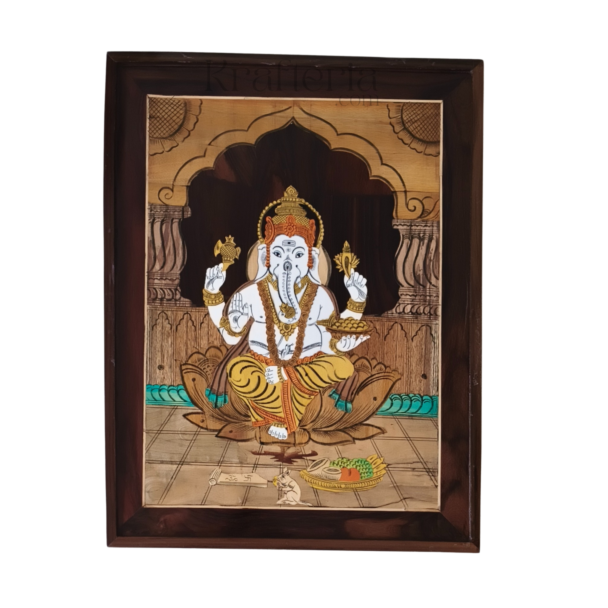 Devotional Rosewood Inlay – Lord Ganesha on Lotus Throne