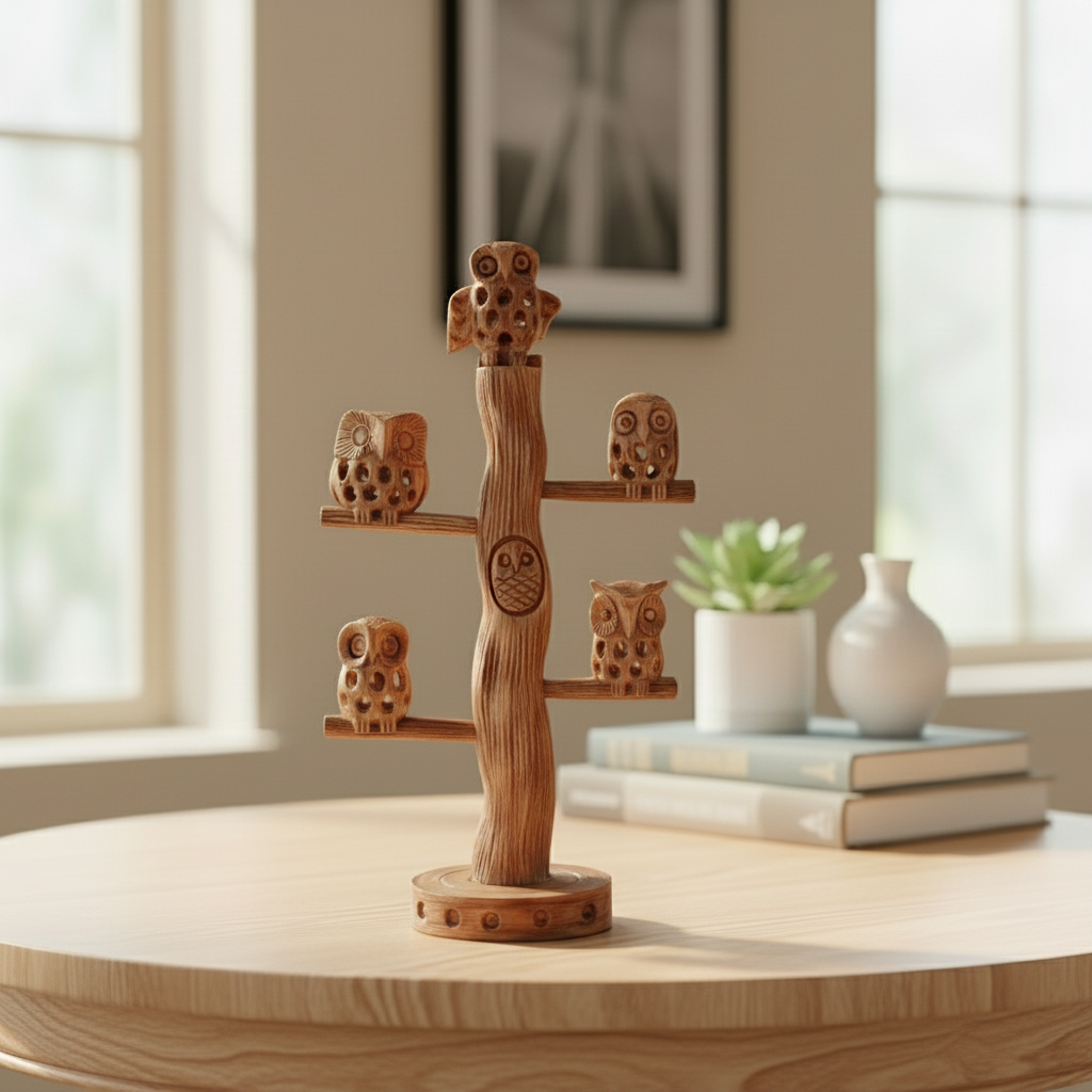 Carved Wooden Owl on Tree | Handmade Natural Home Decor