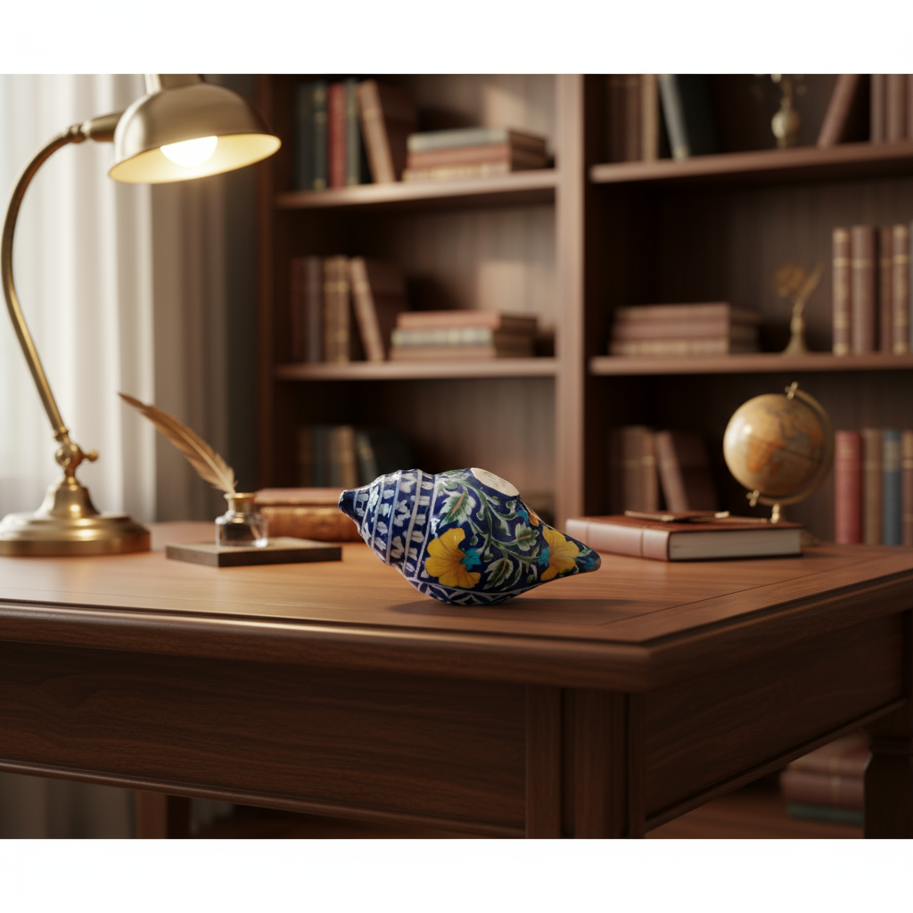 Hand-Painted Blue Pottery Shank Decor | Traditional Conch Shell Art