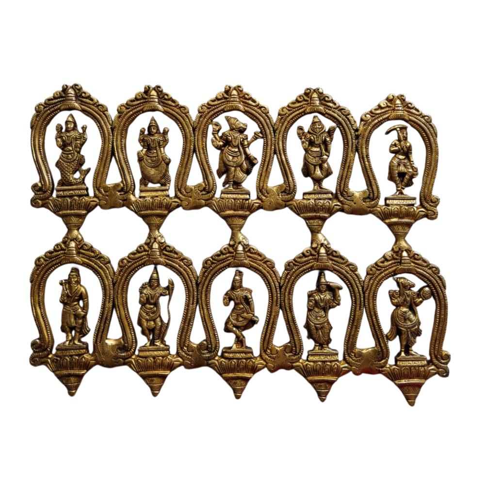 Dashavatara Brass Wall Panel - Rectangular 10 Avatars of Lord Vishnu Wall Hanging   Brass Artwork